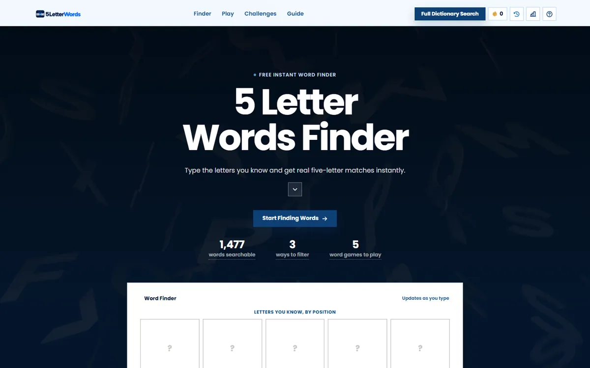 5 Letter Words Finder landing page with the headline '5 Letter Words Finder' and a letter-by-position search tool