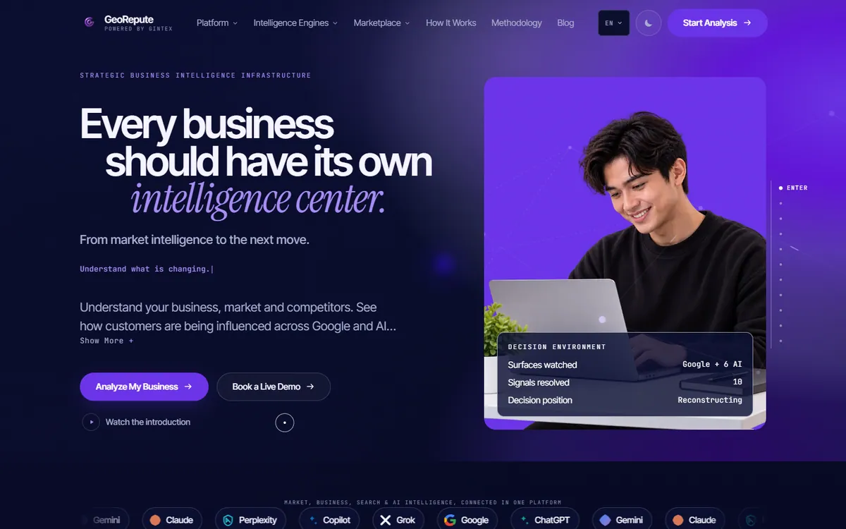 GeoRepute landing page showing the headline 'Every business should have its own intelligence center' with a dark purple interface