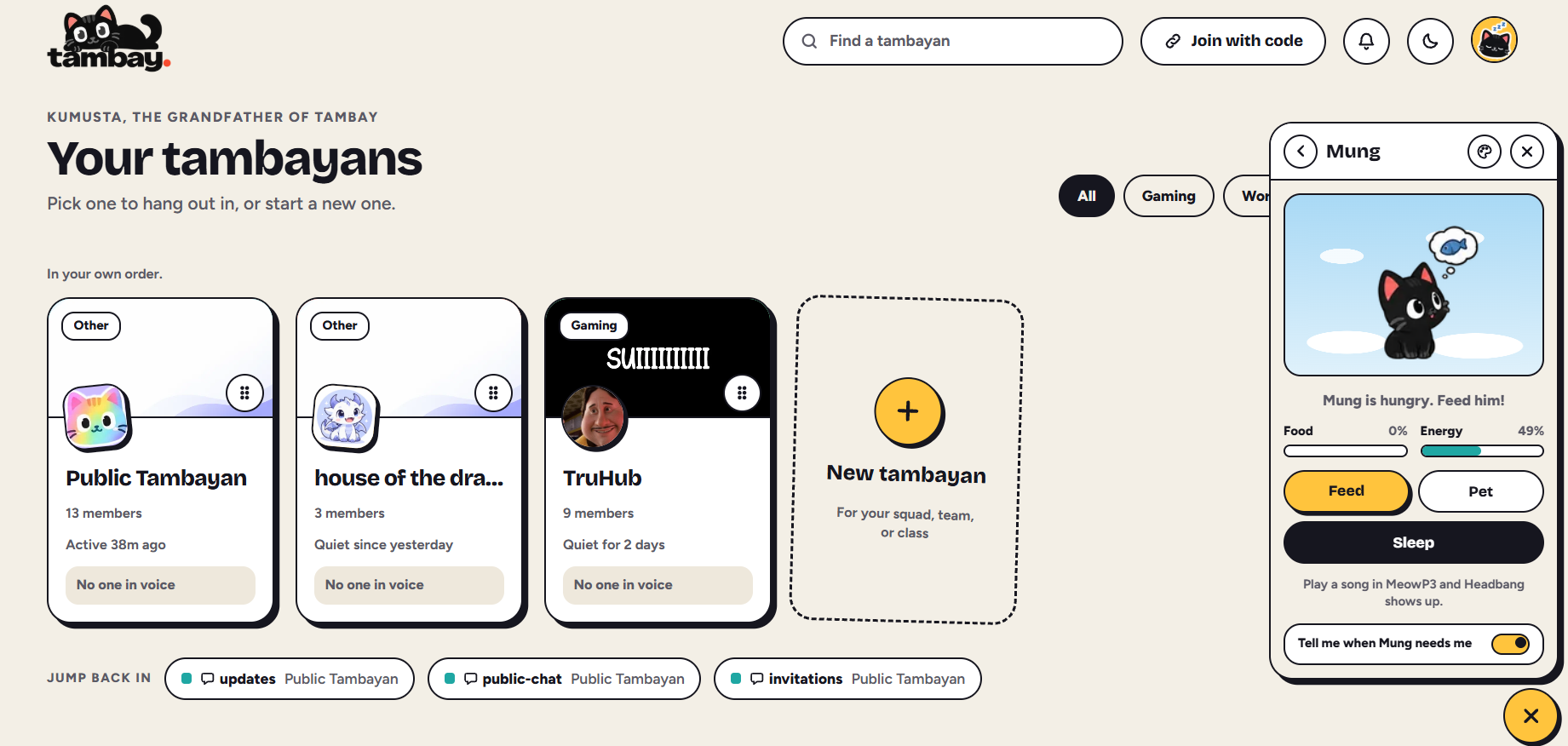 Tambay & Friends dashboard showing a list of tambayan rooms and a virtual pet panel for a cat named Mung