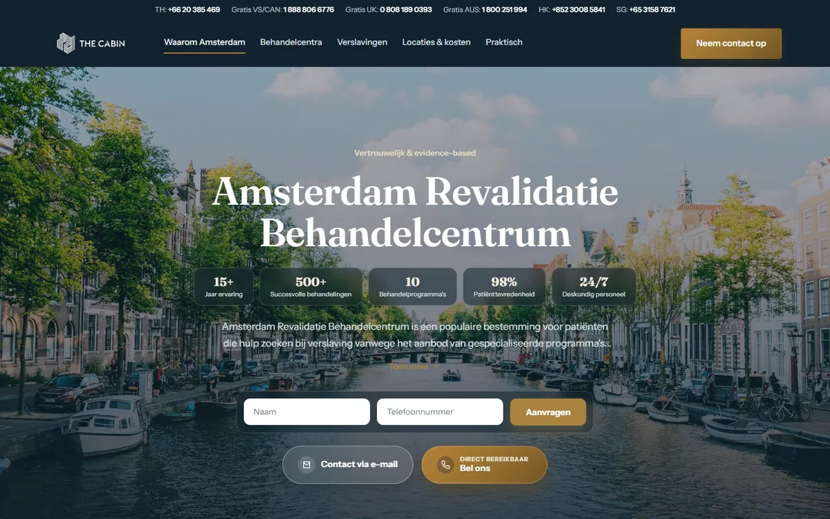 The Cabin Amsterdam landing page with the headline 'Amsterdam Revalidatie Behandelcentrum' over an Amsterdam canal, with an enquiry form