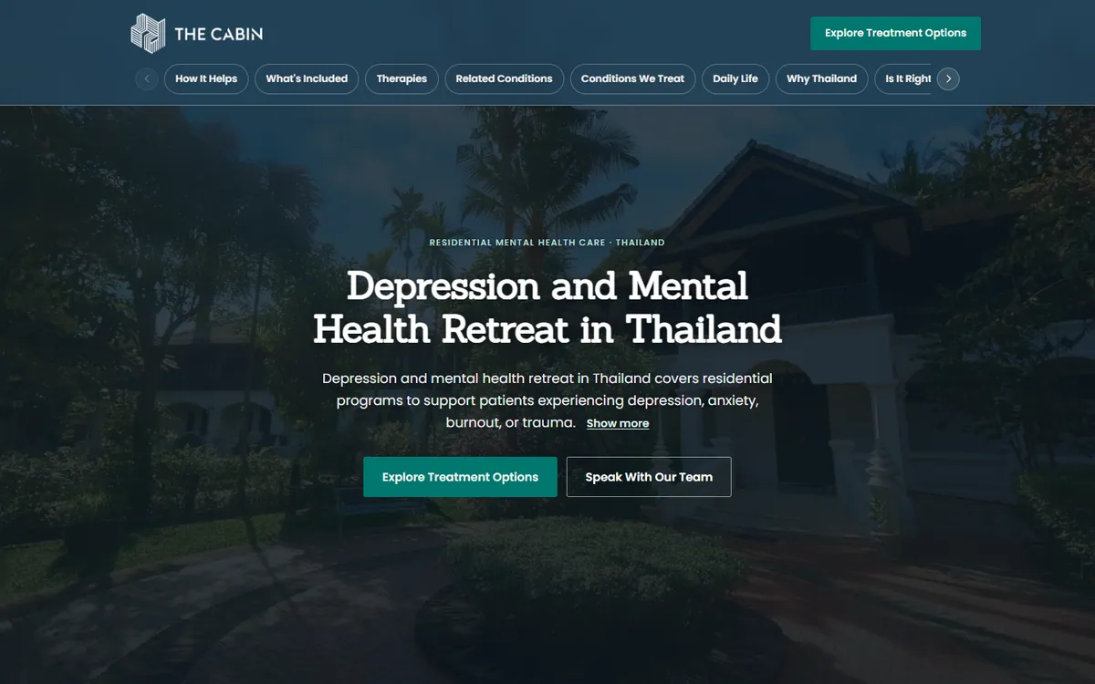 The Cabin Thailand landing page with the headline 'Depression and Mental Health Retreat in Thailand' over a garden villa