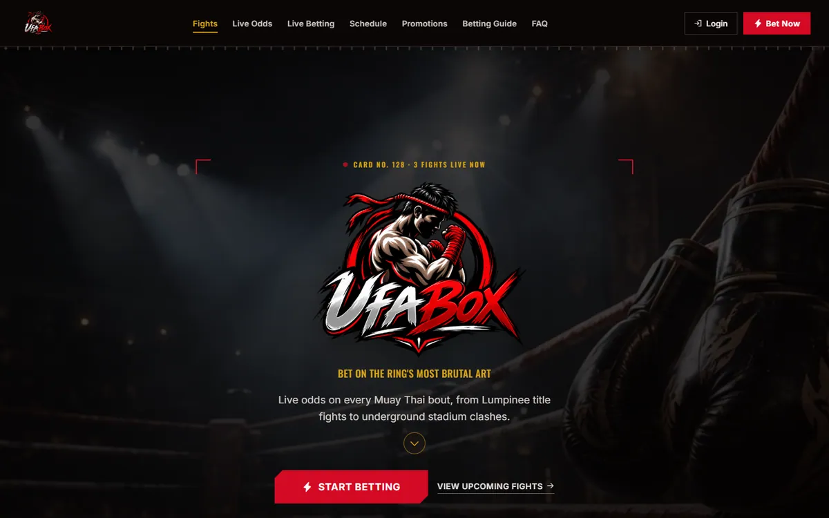 UfaBox landing page with the brand logo over a dark boxing ring with the headline 'Bet on the ring's most brutal art'