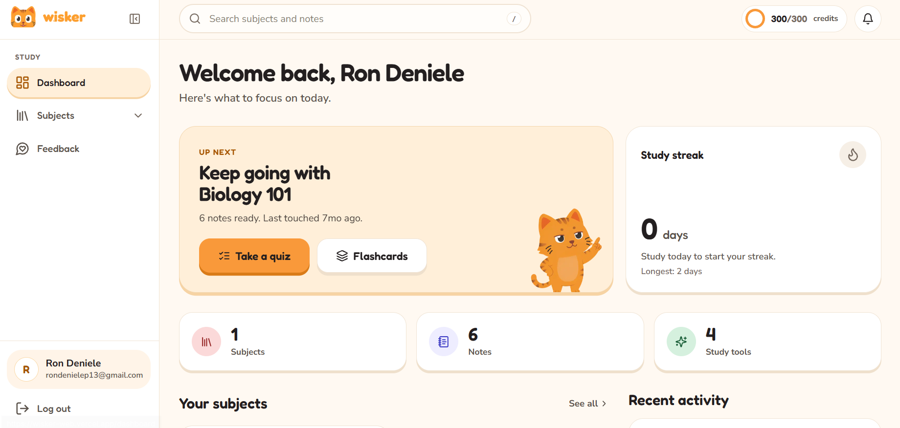 Wisker dashboard showing a subject to resume, quiz and flashcard buttons, study streak, and subject/notes stats